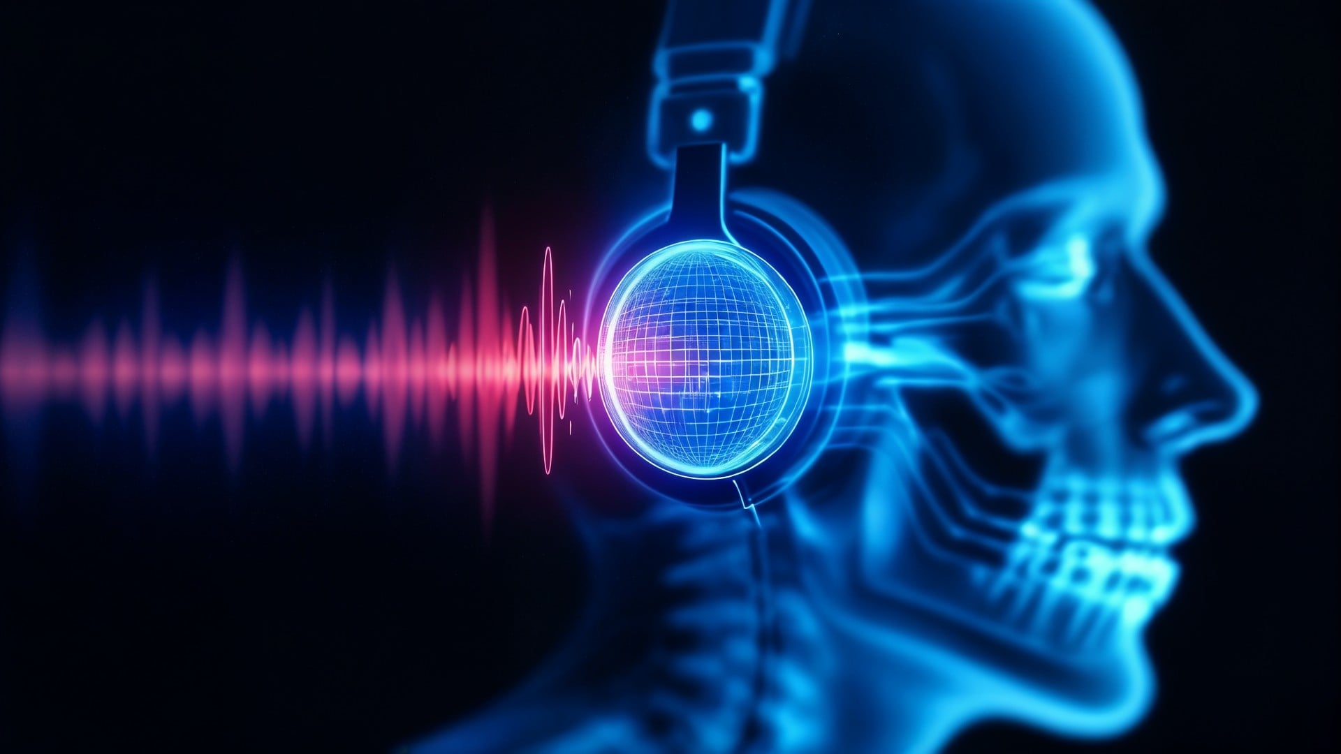 Kopfhörer, Globus, Schallwellen, Akustik, 3D-Audio, Futuristische Darstellung, Audiotechnologie, Sounddesign, Schädel-Röntgen, Musikvisualisierung, Digitale Klangwelt, Neon-Ästhetik, Audiospektrum, Immersives Hörerlebnis, Audioengineering