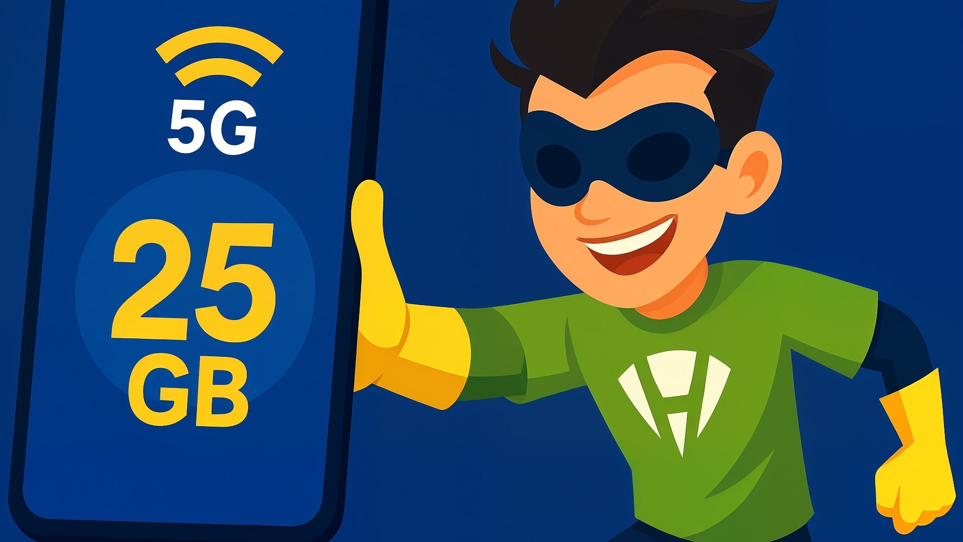 Smartphone, Mobilfunk, Mobilfunktarif, Superheld, Maske, Handyhelden, Blauer Hintergrund, Daumen Hoch, Cartoon-Figur, Handyhelden.de, Schnelles Internet, 5G-Netzwerk, Tech-Illustration, 25GB-Datenvolumen, Grünes Superhelden-Shirt, Lächelnder Charakter, Gelbe Akzente