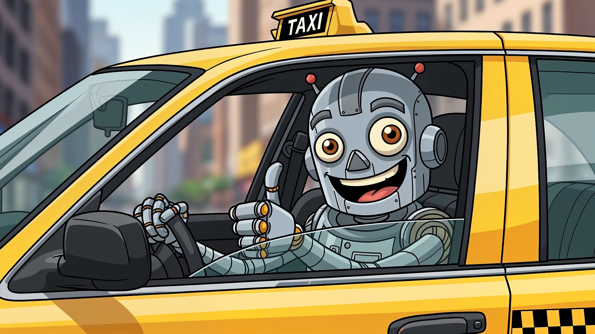 Künstliche Intelligenz, Roboter, Selbstfahrendes Auto, Digitalisierung, autonomes Fahren, Automatisierung, Zukunftstechnologie, Taxi, Robotaxi, Cartoon, Karikatur, Technologie-Innovation, Smart City, Stadtverkehr, Transportwesen, Urbane Mobilität, Roboter-Taxifahrer
