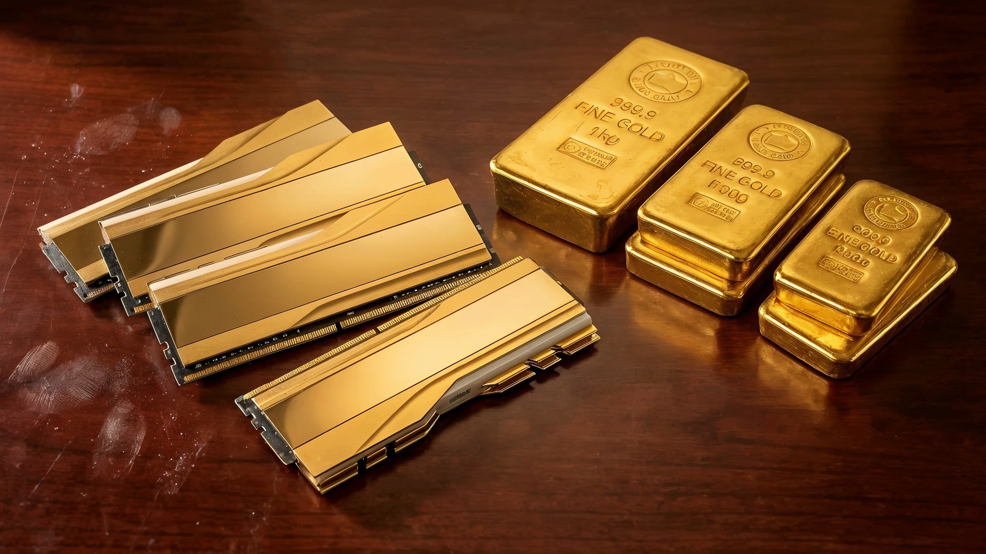 Technologie, Arbeitsspeicher, Luxus, Speichermodule, Computerhardware, Goldbarren, Wertanlage, Goldfarben, RAM-Riegel, Edelmetall, Goldprägung