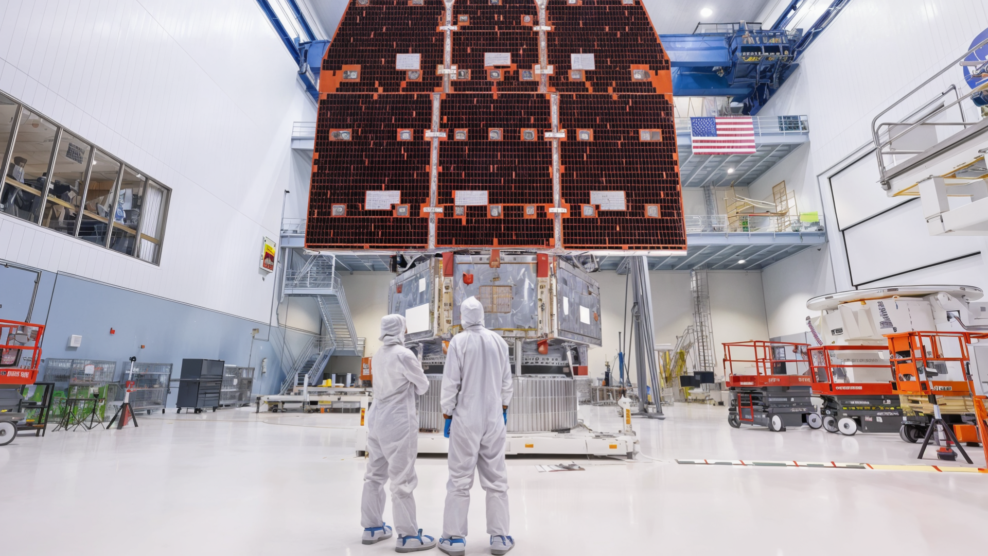 Nasa, Solarenergie, Solarpanel, Weltraumtechnologie, Raumfahrttechnik, US-Flagge, Reinraum, Raumfahrtindustrie, Raumfahrtmission, Schutzanzüge, Satellitenbau, Raumfahrtingenieure, Raumfahrtlabor, Präzisionsarbeit, Hightech-Forschung