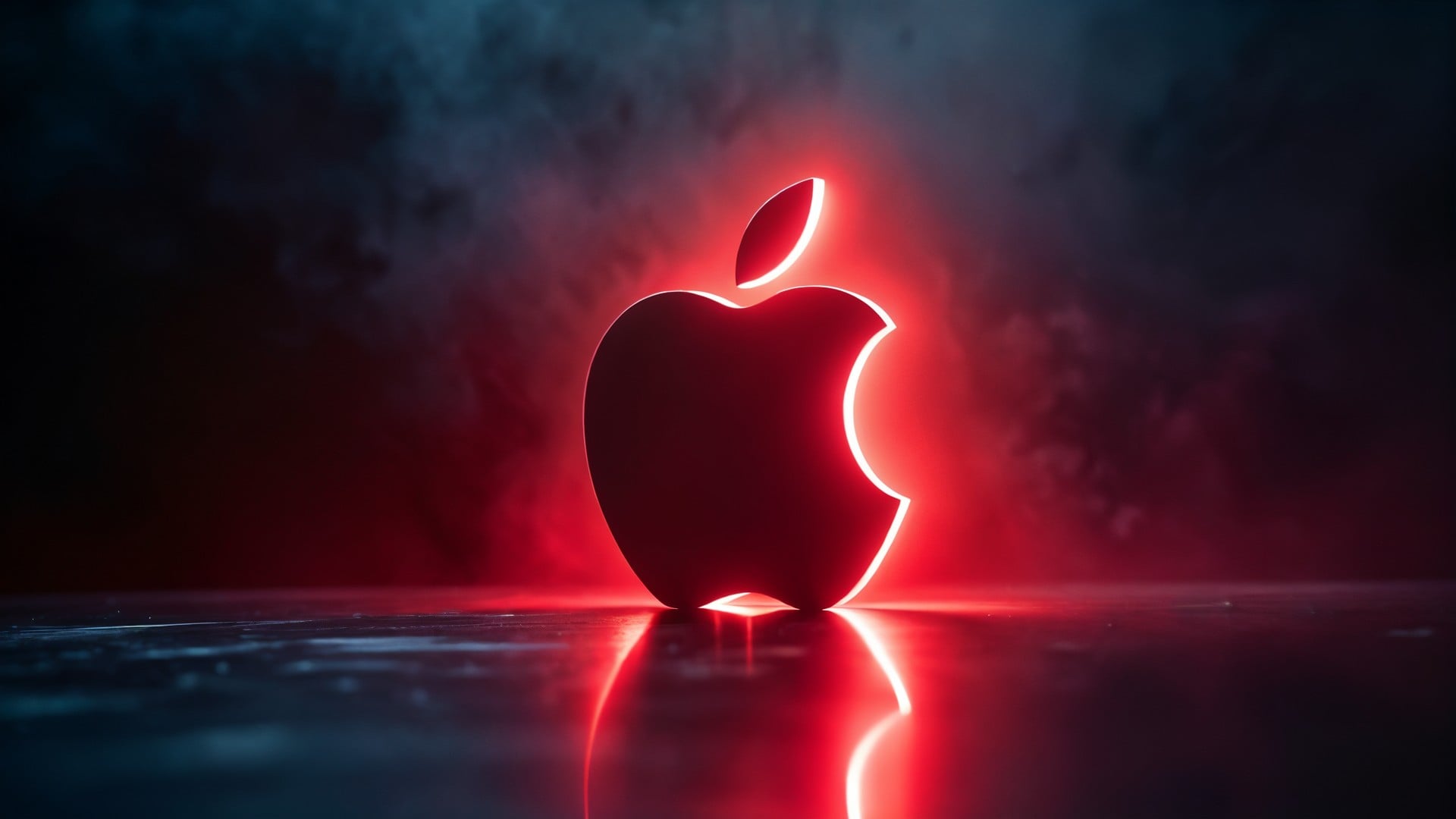 Apple, Technologie, Beleuchtung, Apple Logo, Scam, Technologieunternehmen, Futuristisch, Rauch, Alarm, Markenzeichen, Apple-Logo, Minimalistisch, Reflexion, Atmosphärisch, Glühen, Dunkler Hintergrund, Dramatisch, Neonrot