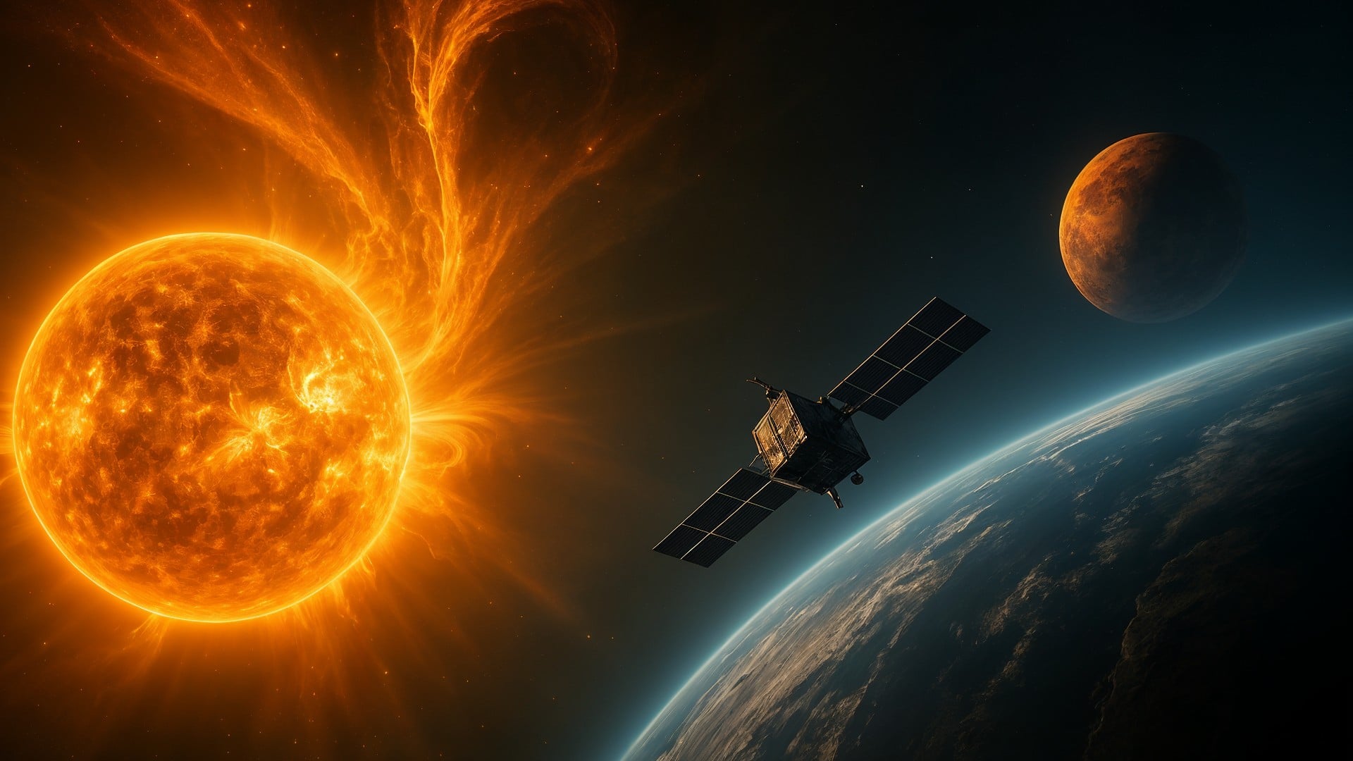 Astronomie, Satellit, Mars, Erde, Sonnensystem, Weltraumforschung, Astrophysik, Planeten, Raumfahrttechnologie, Sonneneruption, Weltraumwetter, Sonnenaktivität, Weltraumexploration, Sonnenstürme, Sonnenmission