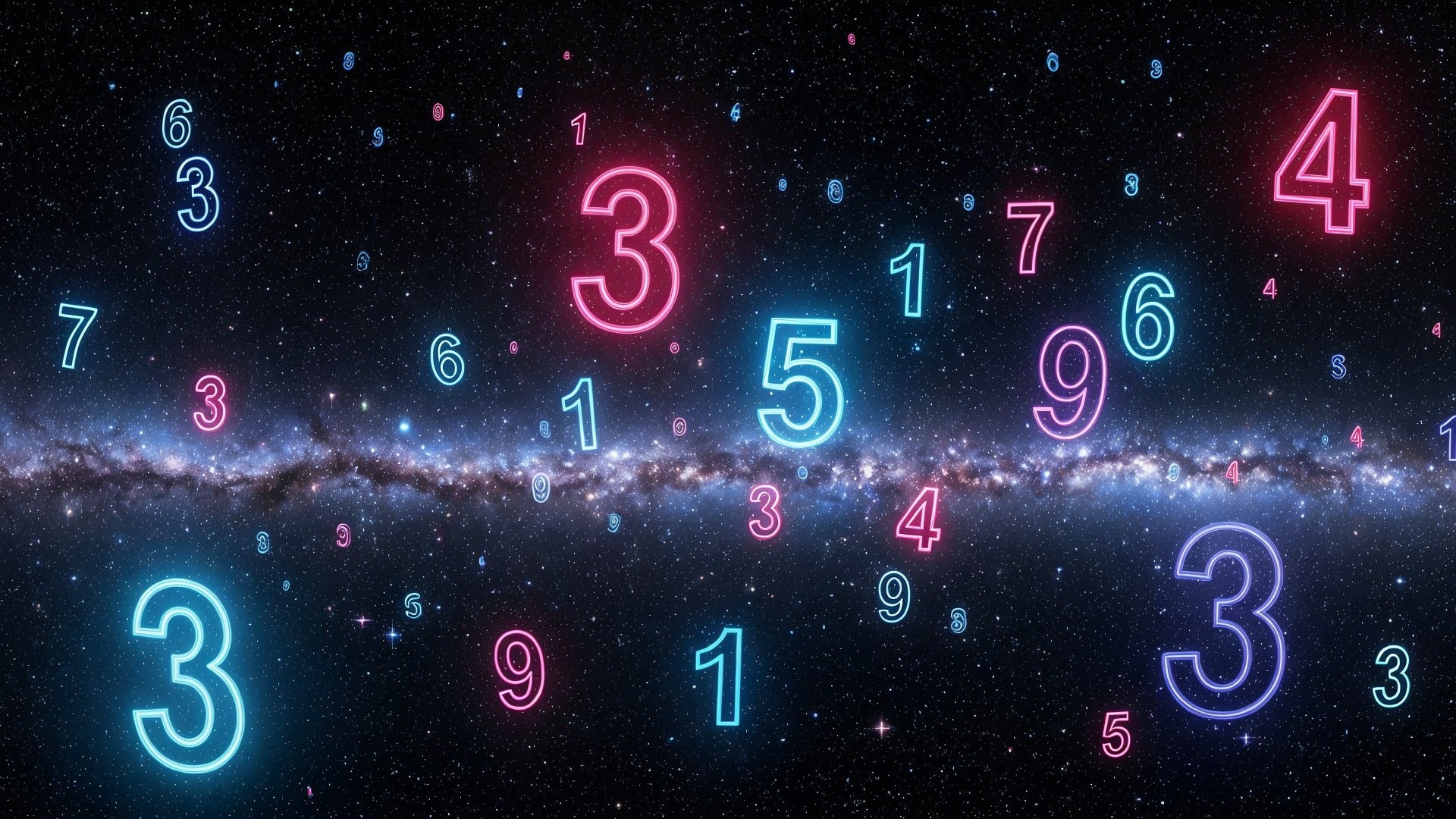Weltraum, Technologie, Astronomie, Galaxie, Milchstraße, Sternenhimmel, Science-Fiction, Mathematik, Kosmos, Digitale Kunst, Futurismus, Nachtaufnahme, Zufallszahlen, Nummern, Leuchtziffern, Neonzahlen, Numerologie, Ziffern