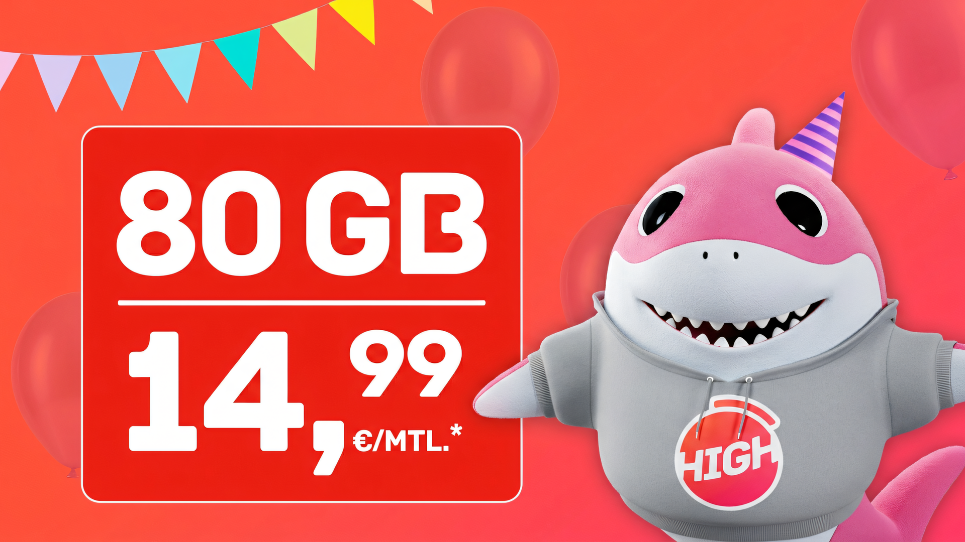 Datenvolumen, Mobiles Internet, Mobilfunktarif, Sim-Karte, Datentarif, Werbeanzeige, 14, Handytarif, Smartphone-Tarif, 80 GB, 99 ?, Monatstarif, HIGH-Marke, Niedrigpreisig, Kartensymbol, Mobile Kommunikation