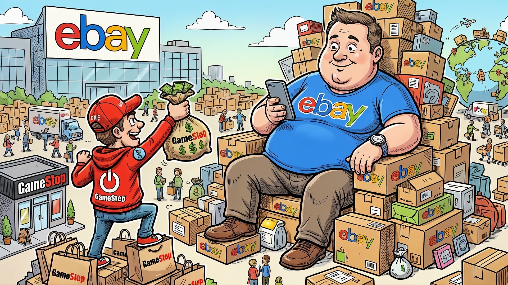 übernahme, E-Commerce, Logistik, Ebay, Kauf, Einzelhandel, Dollar, Gamestop, Geldsack, Versandboxen, Unternehmenszentrale