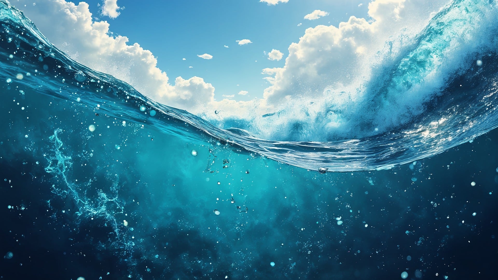 Ozean, Meer, Wassertropfen, Naturgewalt, Meeresoberfläche, Meerestiefe, Strömung, Ozeanwelle, Unterwasseransicht, Wasserdynamik, Luftblasen, Meeresschaum, Wellenkamm, Wasserspritzer