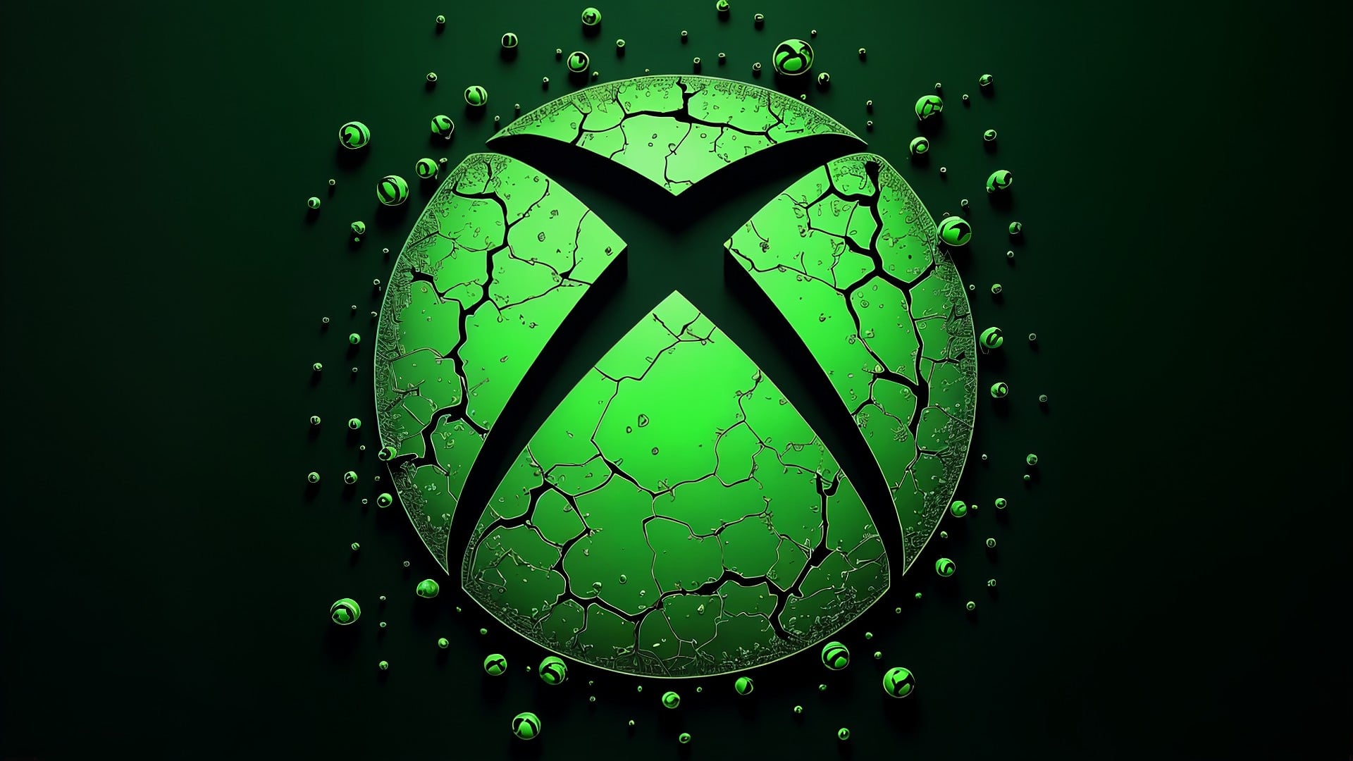 Microsoft, Gaming, Xbox, Technologie, Spielekonsole, Videospiele, 3D-Rendering, Markenzeichen, Risse, konsolenkrieg, Zerbrochen, Grünes Logo, Gebrochene Oberfläche