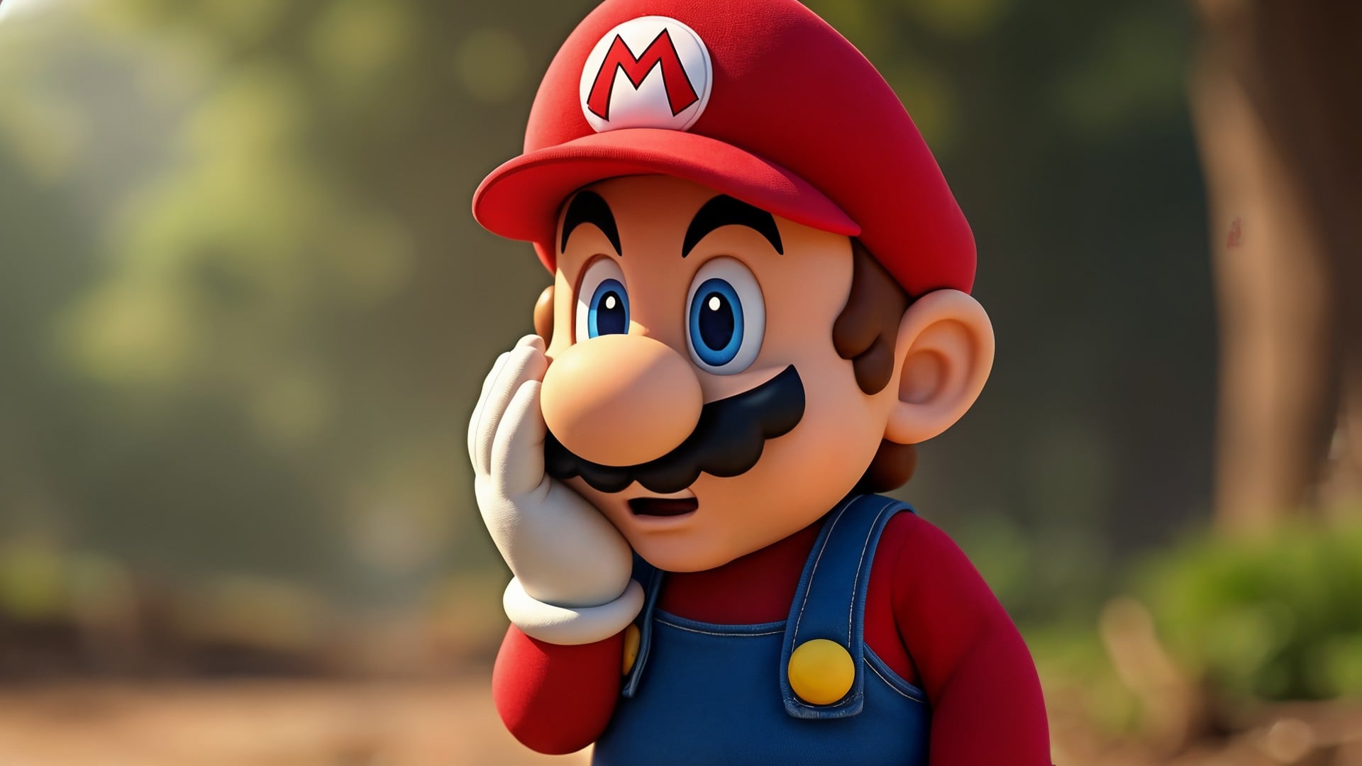 Nintendo, Urheberrecht, Super Mario, Mario, Super Mario Bros., 3D-Rendering, Computergrafik, Videospielcharakter, Spielfigur, Peinlich, Nachdenklich, M-Logo, Gaming-Ikone, Unterhaltungssoftware