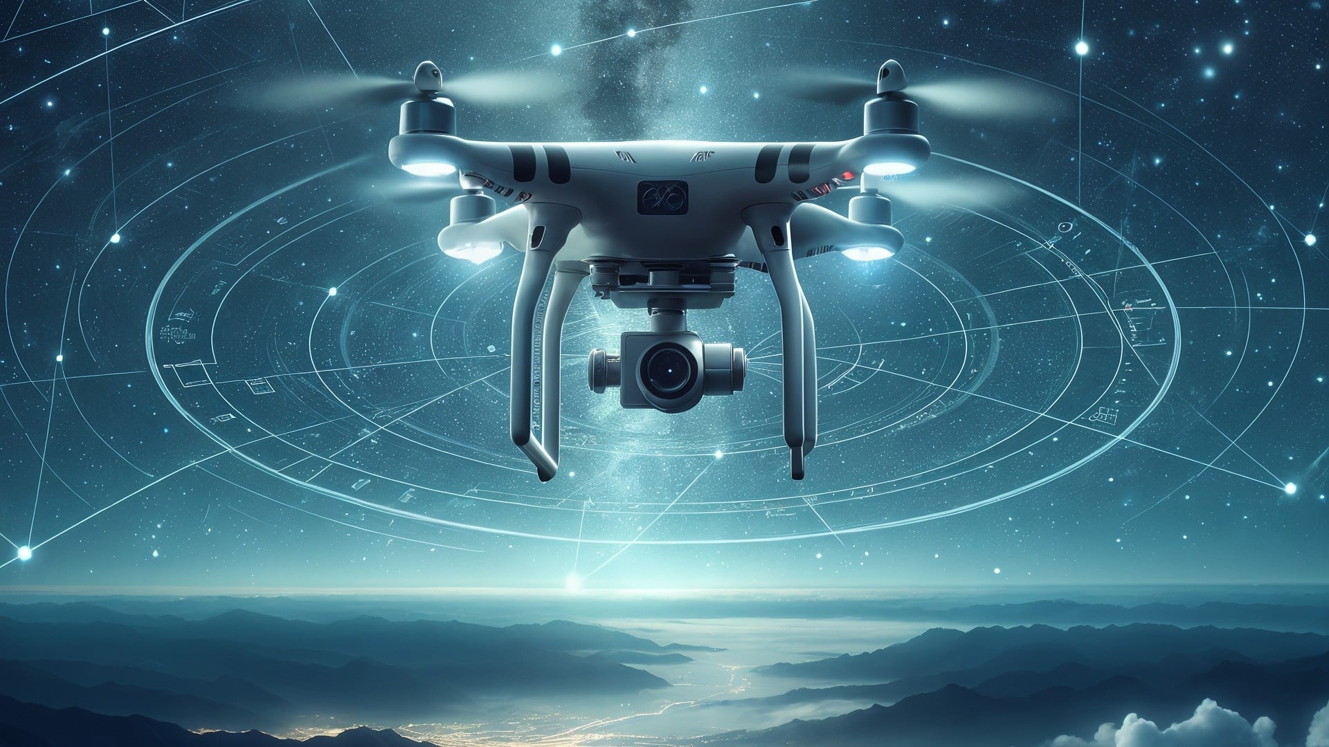 Drohne, Navigation, Gps, Zukunftstechnologie, Sterne, Sternenhimmel, Fernsteuerung, Quadcopter, Nachtaufnahme, Luftaufnahme, Luftraumüberwachung, Drohnentechnologie, Kamera-Drohne, Nachtflug, Sci-Fi-Atmosphäre, Drohnenfotografie