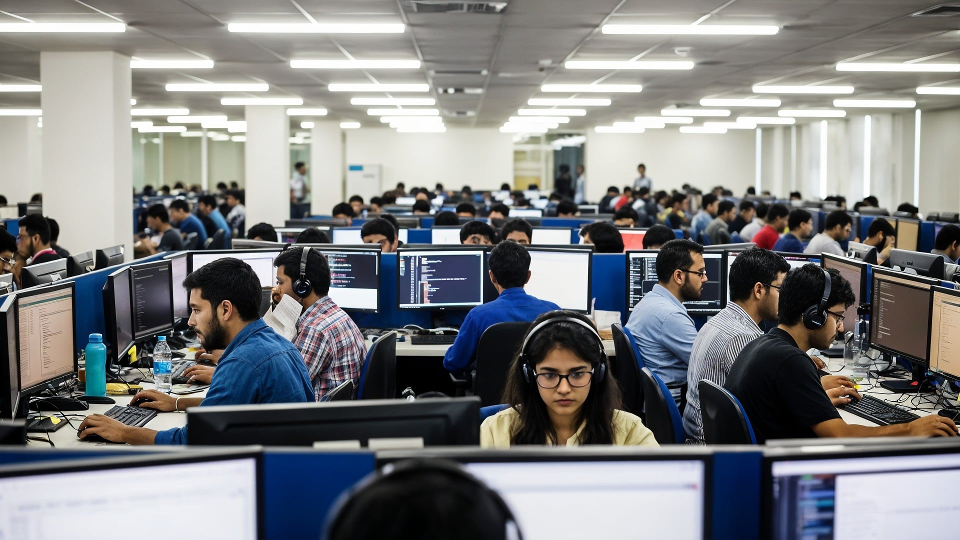 Digitalisierung, Indien, Programmierer, Technologieunternehmen, Softwareentwicklung, Coding, outsourcing, Entwicklerteam, Großraumbüro, Programmierzentrum, IT-Unternehmen, Computerarbeitsplätze, Softwareingenieure, Technikbranche