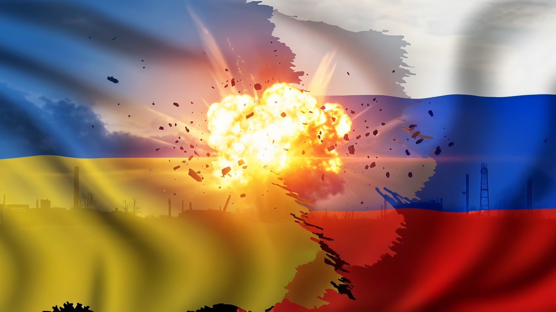 Angriff, Russland, Militär, Ukraine, Krieg, Krise, Feuer, Explosion, Ukraine-Krieg, Gewalt, Ukraine-Konflikt, Invasion, Rauch, Zerstörung, Flaggen, Kampf, Bedrohung, Trümmer, Ukraine-Russland-Konflikt, Verwüstung