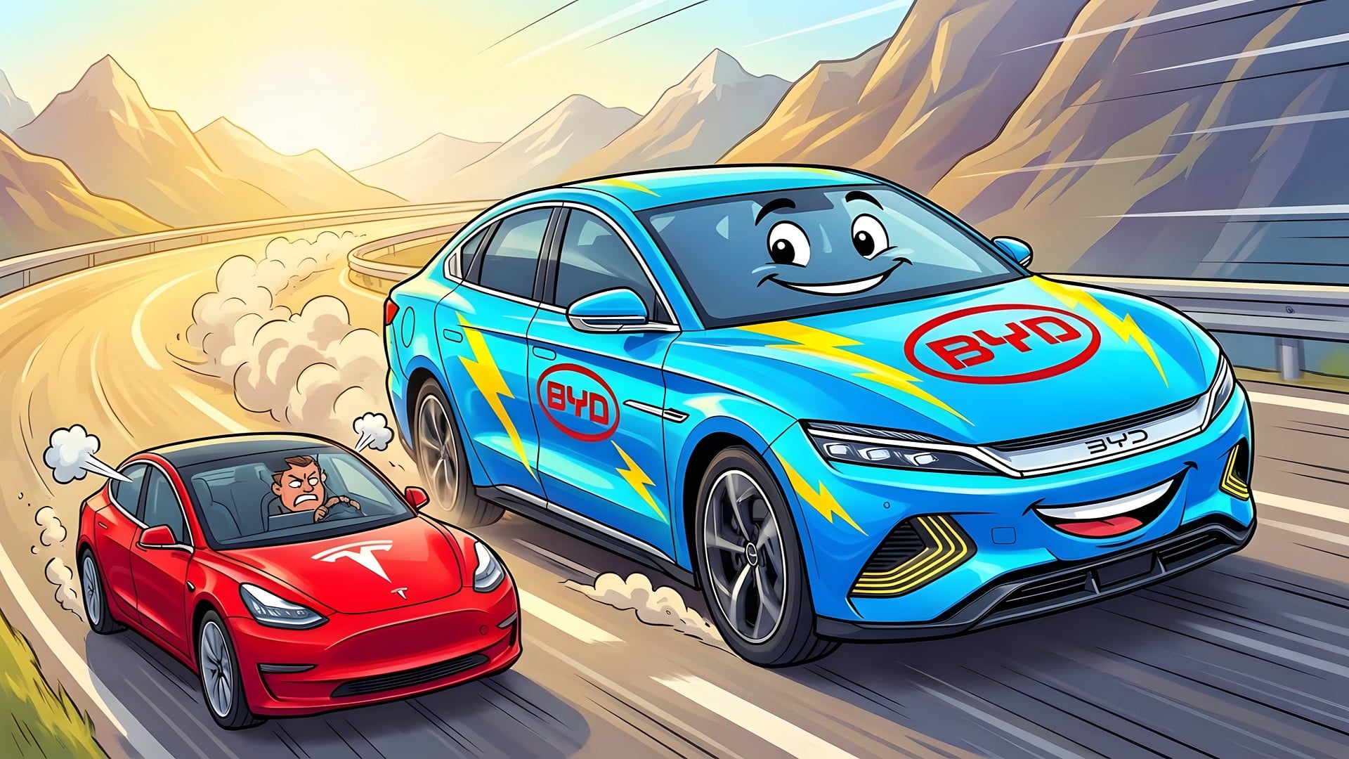 Auto, Elektroautos, Elektromobilität, tesla, Elektroauto, E-Auto, Tesla Motors, Wettbewerb, EV, E-Autos, Marktanteile, Cartoon, BYD, Autorennen, Autohersteller, Elektrische Mobilität