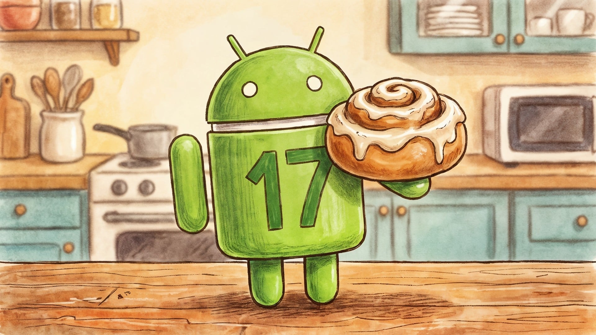 Betriebssystem, Google, Android, Google Android, Bugdroid, Android Figur, Android Männchen, Android Logo, Android 17, Android-Maskottchen, Cinnamon Bun, Technologie-Marketing, Android-Cafe, Zimtschnecke, Tech-Cafe, Android-Version, Cafe-Ambiente, Bäckerei, Süßgebäck, Technologie-Branding, Zimtrolle