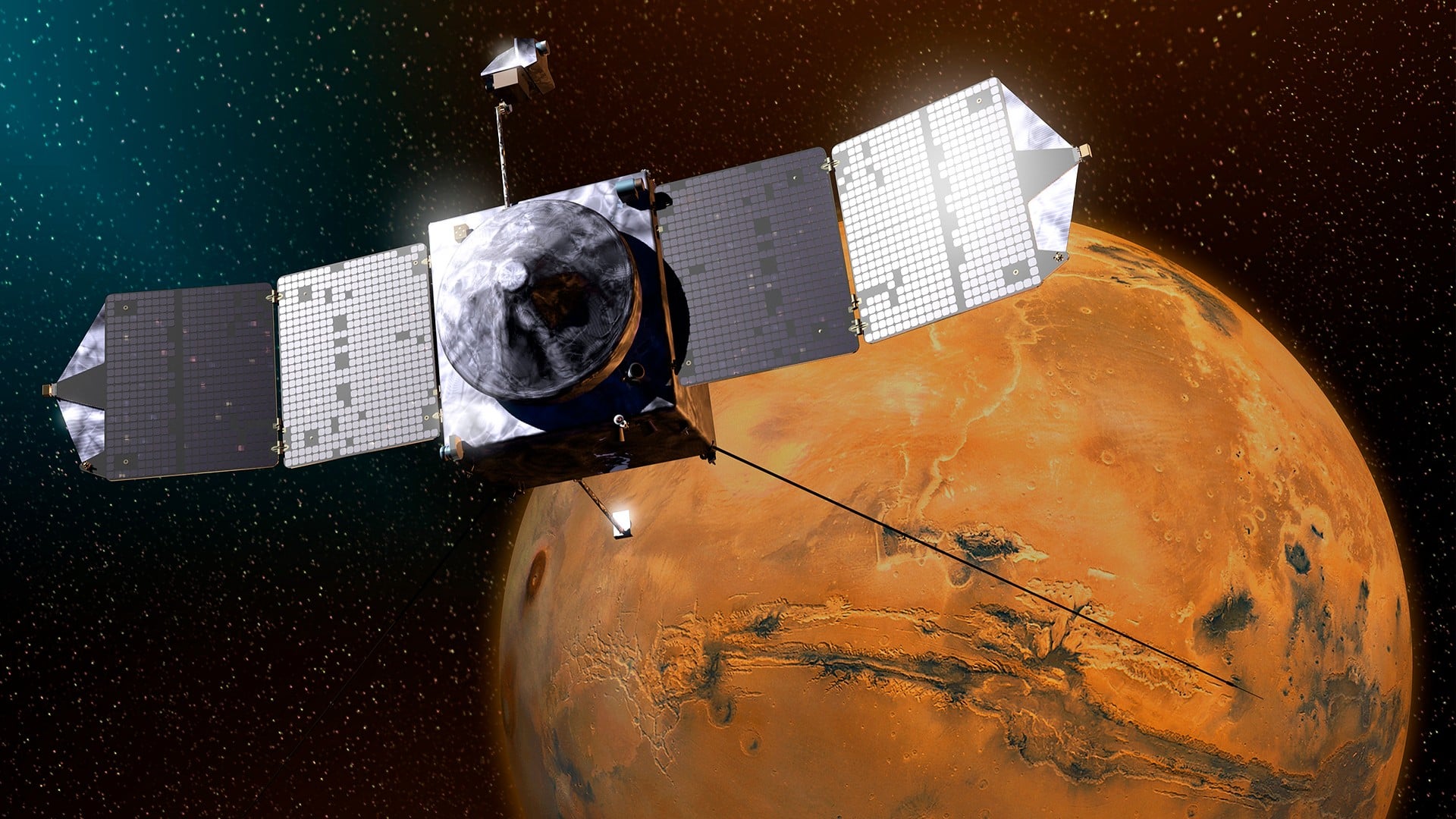 Raumfahrt, Nasa, Mars, Solarpanel, Orbit, Raumsonde, Umlaufbahn, MAVEN, Marssonde, Marsorbit, Planetare Erkundung, Sonnenkollektor, Raumsondentechnik