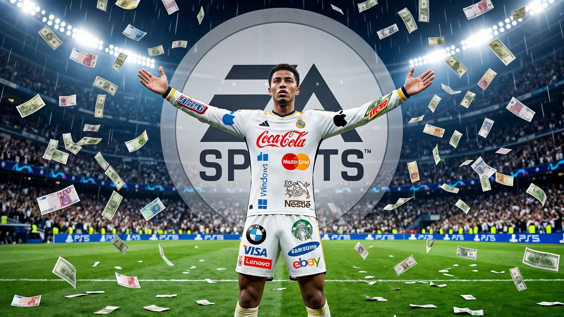 Gaming, Werbung, Electronic Arts, Videospiel, EA Sports, Stadion, EA Sports FC, Geldregen, Sponsoren, Fussballplatz