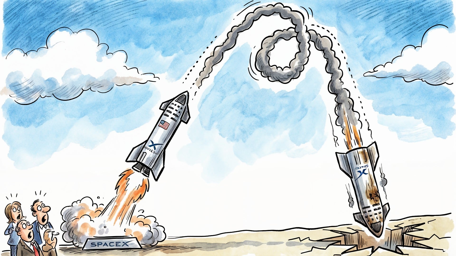 Raumfahrt, Spacex, Rakete, Starship, Raketenstart, Illustration, Börsengang, Karikatur, Triebwerk, Startrampe, IPO, Fehlschlag, Rückschlag, Raketenexplosion, Weltraumfahrt
