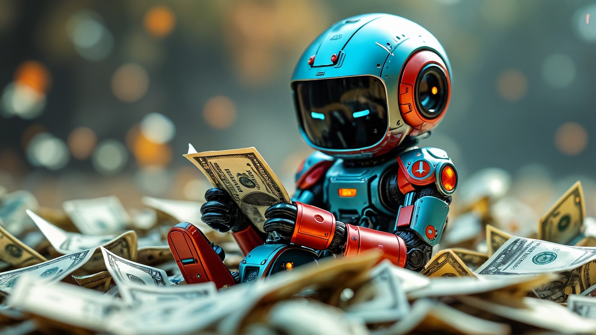 Ki, Künstliche Intelligenz, Technologie, Roboter, Geld, Sci-Fi, Automatisierung, Dollar, Fintech, Futurismus, Digitale Währung, Finanztechnologie, Dollarscheine, KI-Finanzen, Roboter-Geld, Zukunft der Finanzen, Roboterökonomie