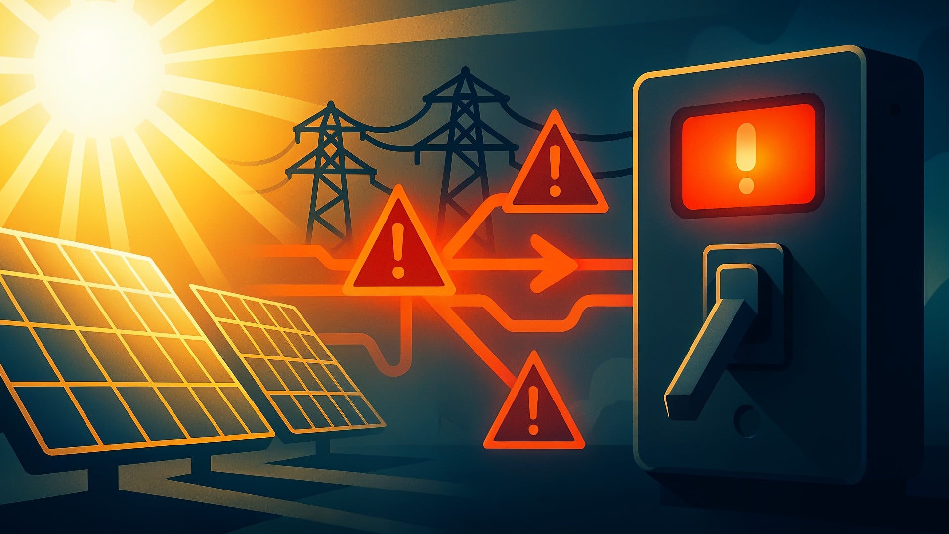 Infrastruktur, Energieversorgung, Energiewende, Erneuerbare Energien, Solarenergie, Klimawandel, Stromausfall, Solarmodule, überlastung, Energiekrise, Strommast, Netzstabilität, Warnmeldung, Netzüberlastung, Stromnetzstörung, Hitzewarnung