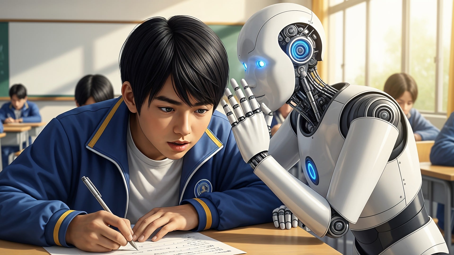 Ki, Künstliche Intelligenz, AI, Artificial Intelligence, Roboter, Robotik, Digitalisierung, Zukunftstechnologie, Schule, Schummeln, Bildungstechnologie, KI-Bildung, Roboter-Lehrer, Schulunterricht, Schüler-Roboter-Interaktion, Lernen mit KI, Humanoid-Roboter, Klassenzimmer-Innovation, Assistenz-Roboter