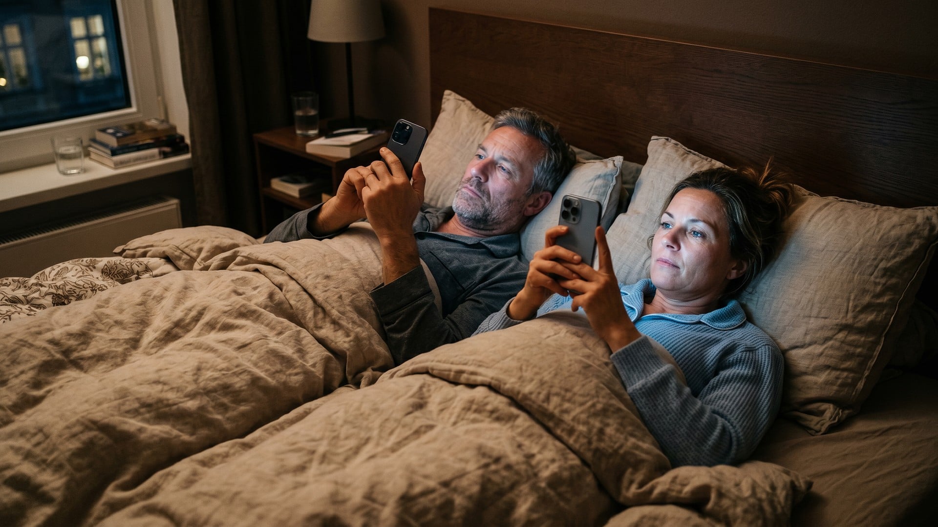 Smartphone, Iphone, Paar, Bildschirmzeit, Medienkonsum, Bett, Abend, Schlafzimmer, handy-Nutzung