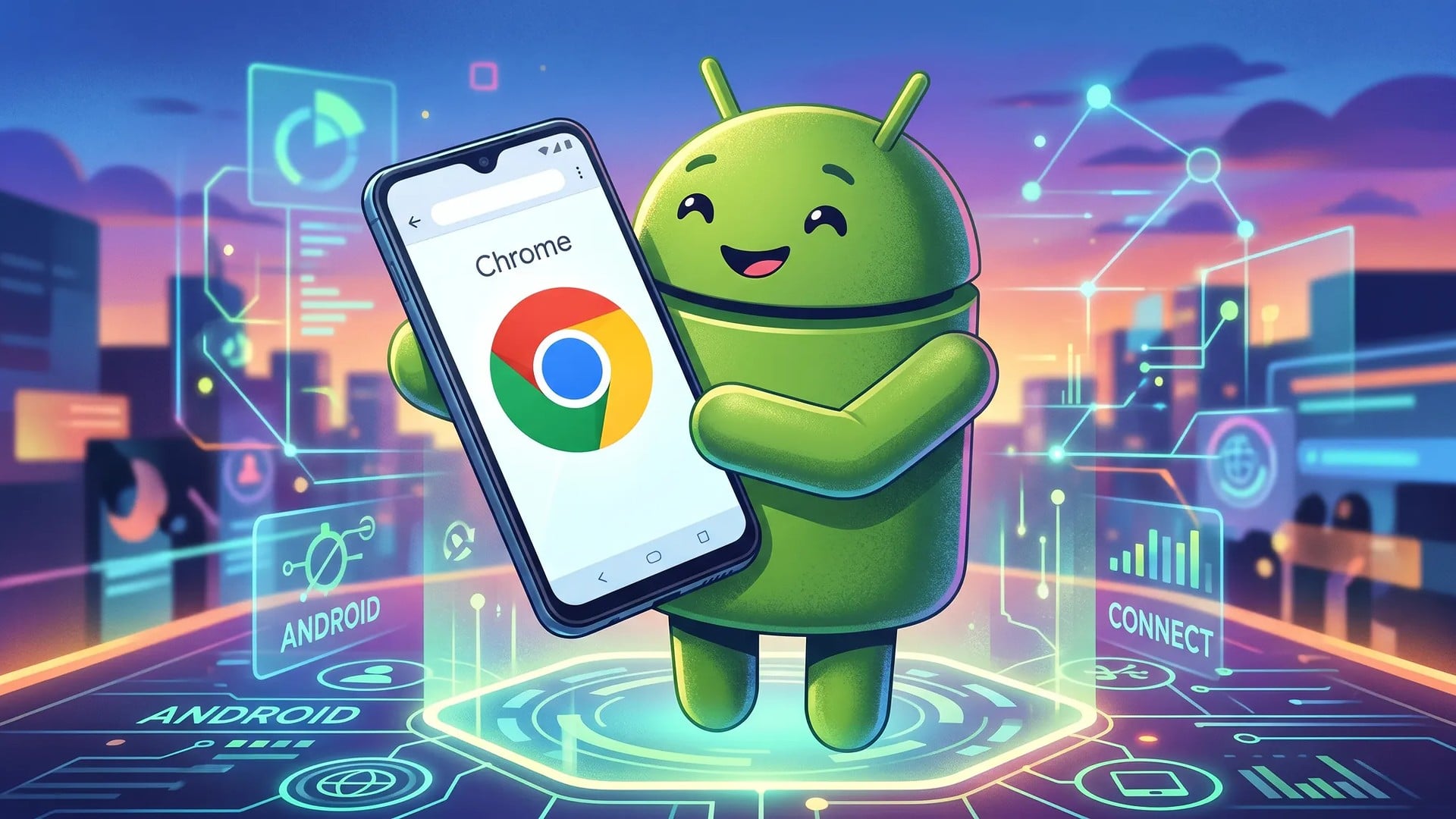 Smartphone, Betriebssystem, Google, Android, Google Android, Google Chrome, Vernetzung, Software-Update, Android Männchen, Android Logo, Hologramm, Datenvisualisierung, Konnektivität, App-Update, Mobile App, Mobilgerät, Chrome-Browser, Browser-Update