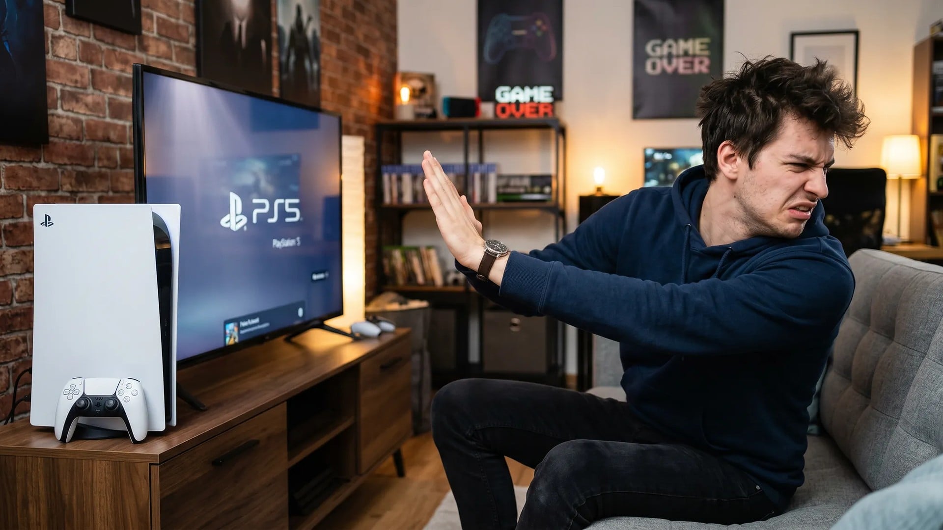 Gaming, Sony, Spielkonsole, Hardware, PlayStation 5, ps5, Videospiel, Sony PlayStation 5, Gamer, Wohnzimmer, spielesammlung, Poster, DualSense Controller, Frust, TV-Bildschirm, Game Over