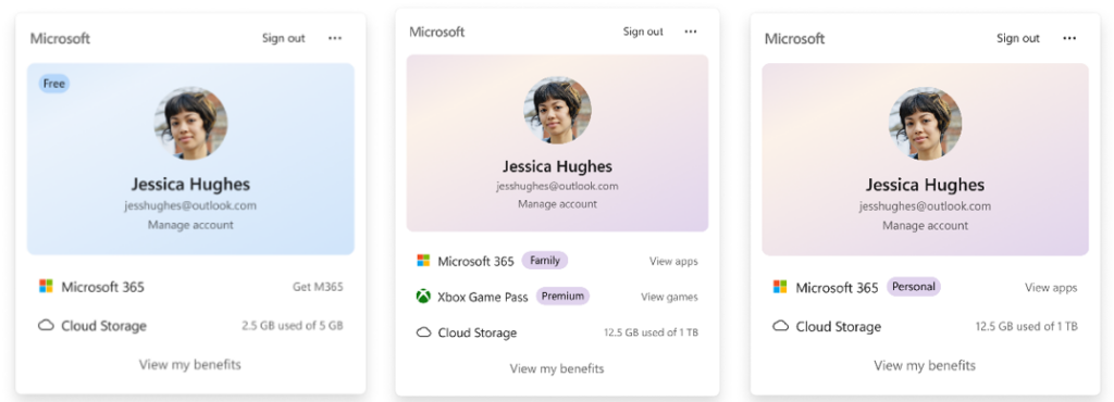 UI showing the refreshed Account Control flyout with subscription badges, account benefits, and storage details.